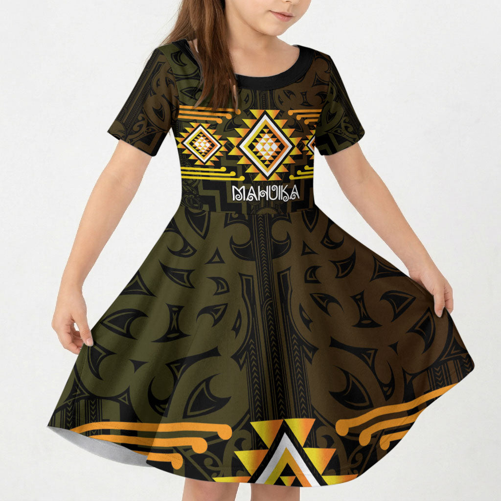 Aotearoa Atua Mahuika Personalised Kid Short Sleeve Dress Maori Goddess Of Fire Taniko Motifs LT14 KID Yellow - Polynesian Pride
