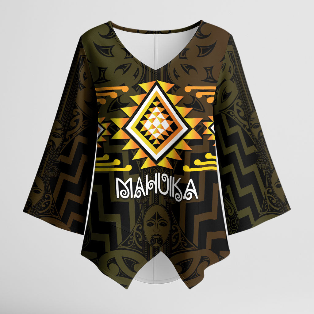 Aotearoa Atua Mahuika Personalised Kimono Sleeve Blouse Maori Goddess Of Fire Taniko Motifs LT14 Female Yellow - Polynesian Pride