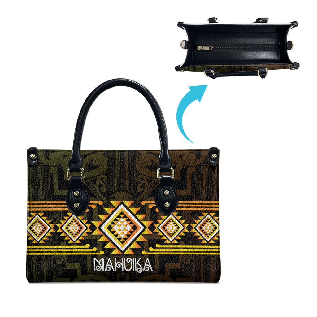 Aotearoa Atua Mahuika Leather Bag Maori Goddess Of Fire Taniko Motifs LT14 - Polynesian Pride