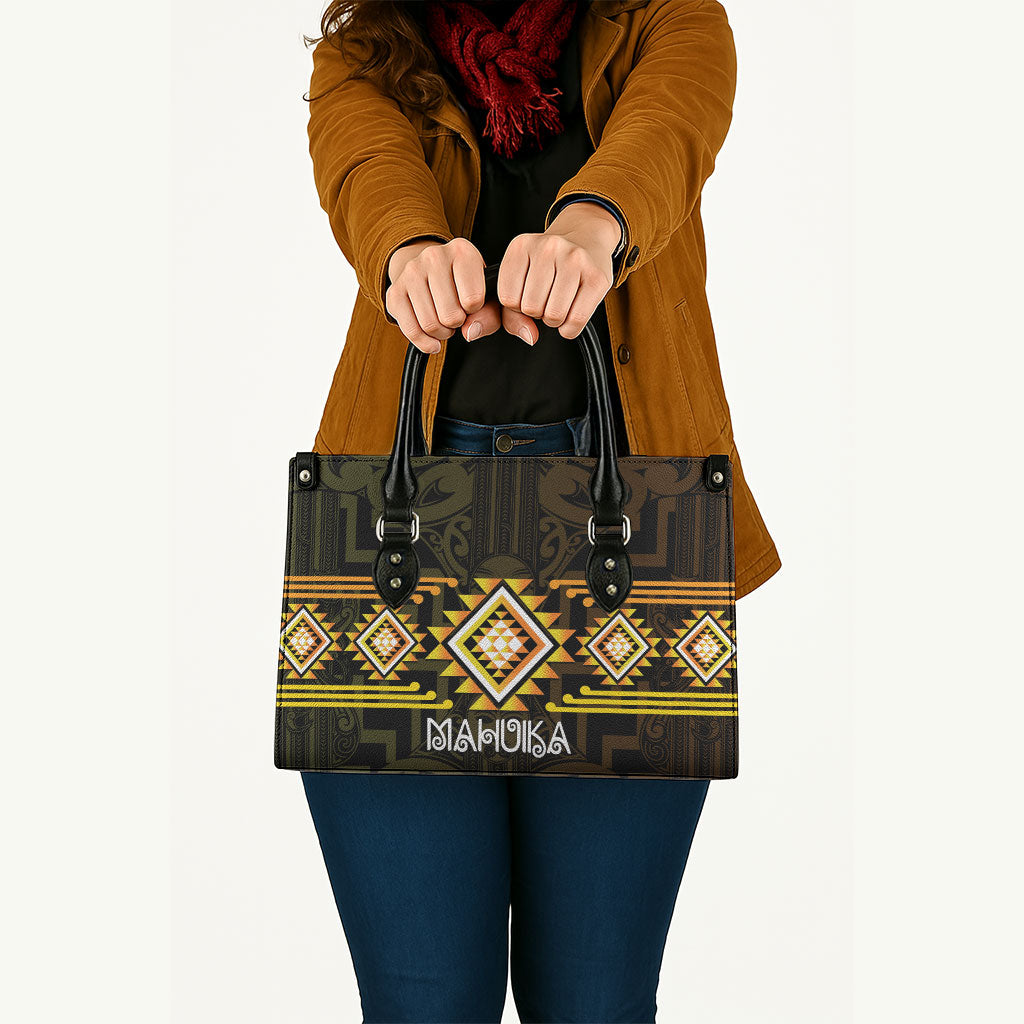 Aotearoa Atua Mahuika Leather Bag Maori Goddess Of Fire Taniko Motifs LT14 - Polynesian Pride
