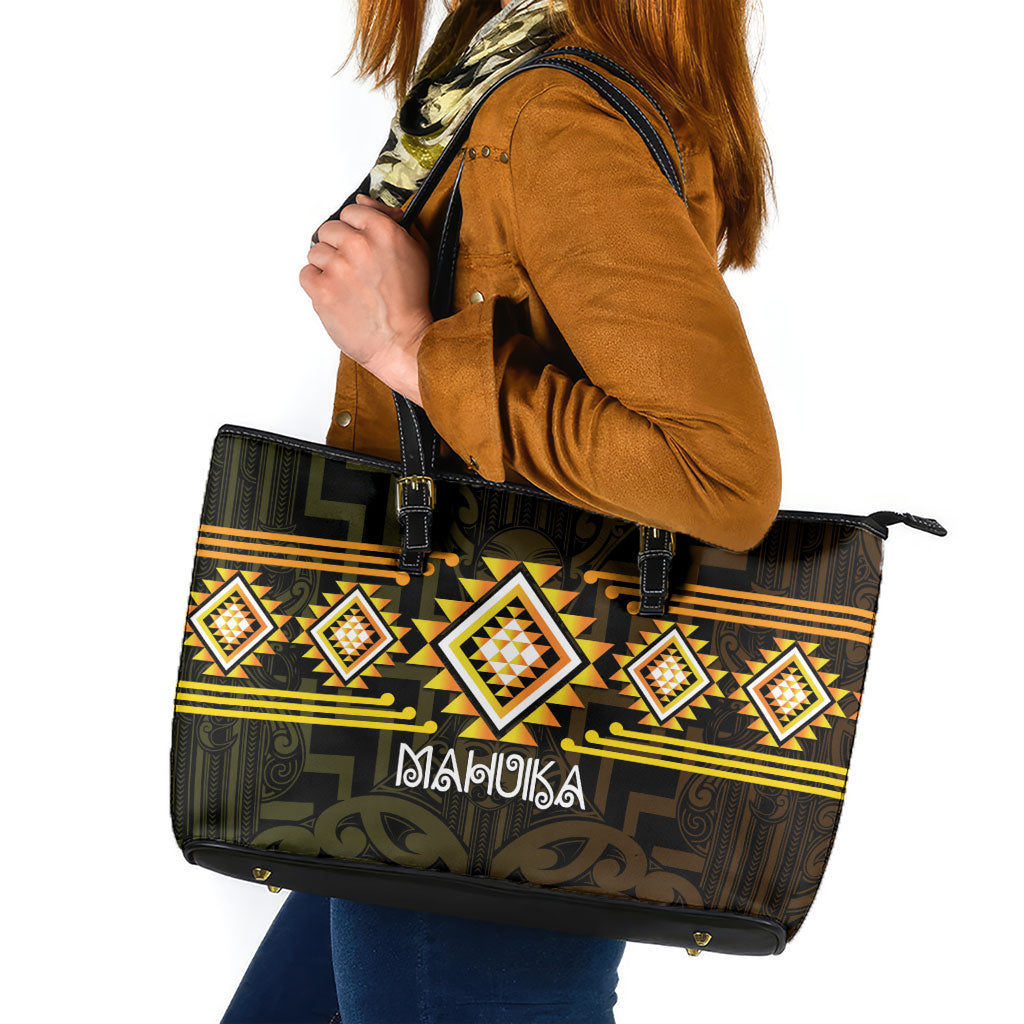 Aotearoa Atua Mahuika Leather Tote Bag Maori Goddess Of Fire Taniko Motifs LT14 Yellow - Polynesian Pride