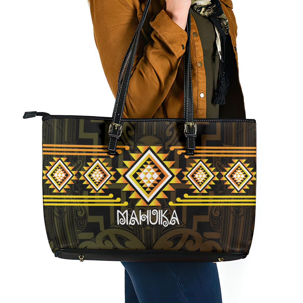 Aotearoa Atua Mahuika Leather Tote Bag Maori Goddess Of Fire Taniko Motifs LT14 - Polynesian Pride