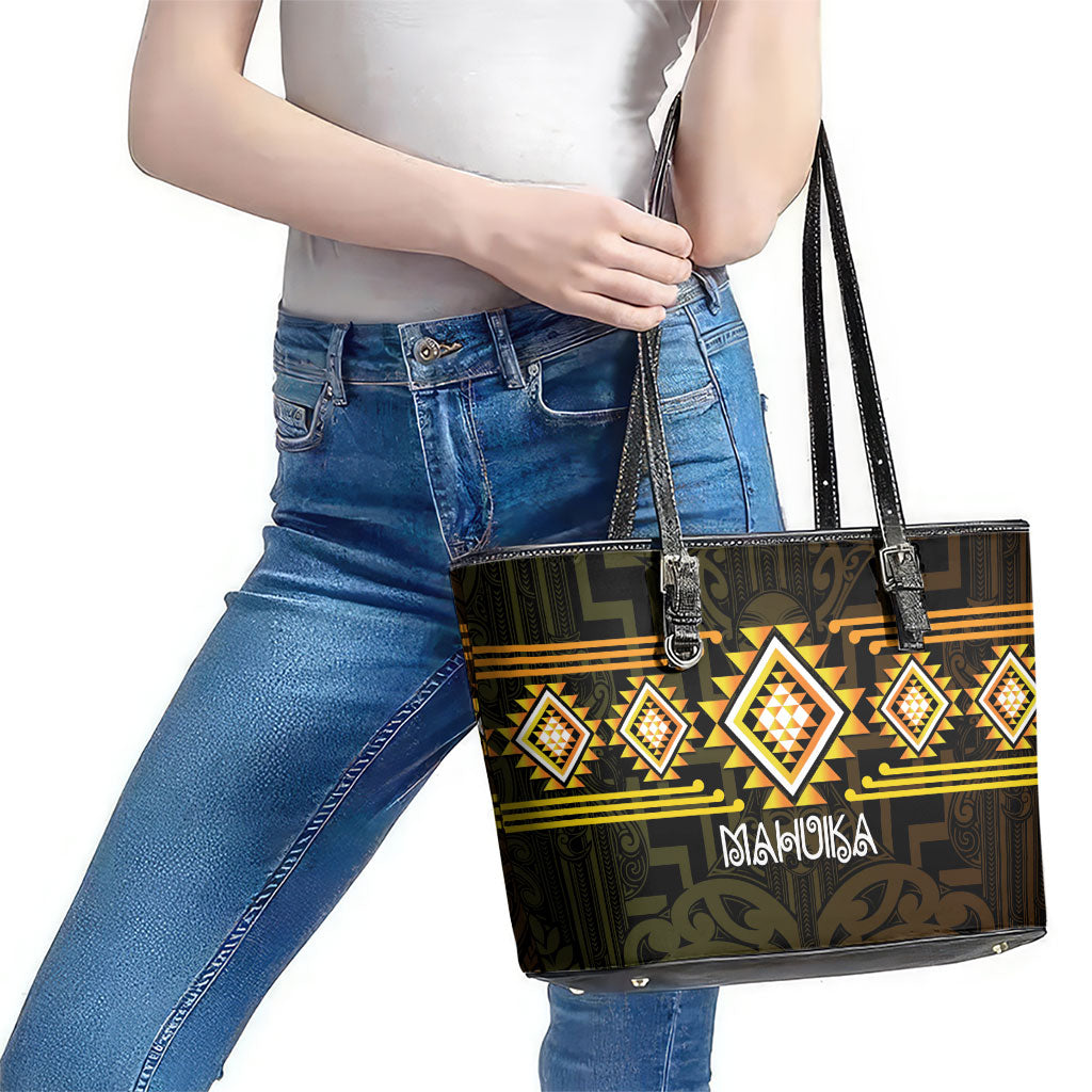 Aotearoa Atua Mahuika Leather Tote Bag Maori Goddess Of Fire Taniko Motifs LT14 - Polynesian Pride