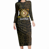 Aotearoa Atua Mahuika Personalised Long Sleeve Bodycon Dress Maori Goddess Of Fire Taniko Motifs LT14 Long Dress Yellow - Polynesian Pride