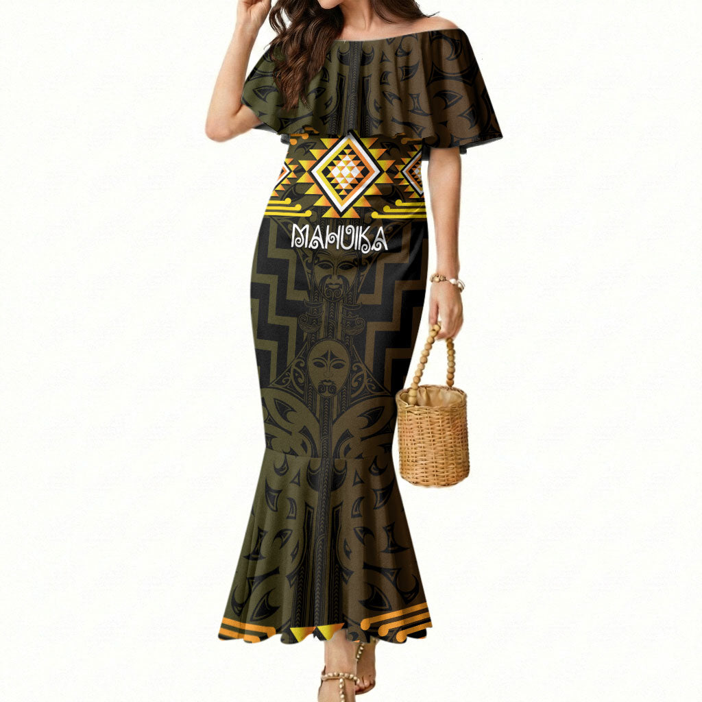 Aotearoa Atua Mahuika Personalised Mermaid Dress Maori Goddess Of Fire Taniko Motifs LT14 Women Yellow - Polynesian Pride