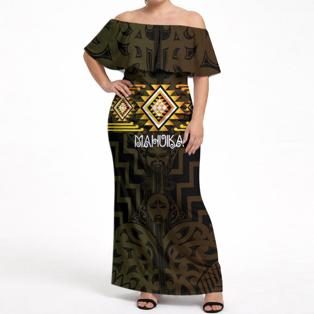 Aotearoa Atua Mahuika Personalised Off Shoulder Maxi Dress Maori Goddess Of Fire Taniko Motifs LT14 Women Yellow - Polynesian Pride