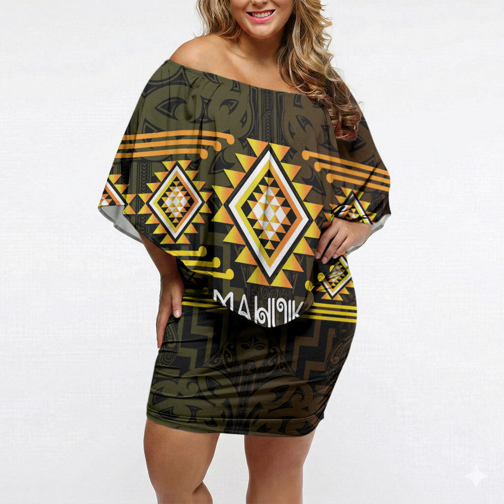 Aotearoa Atua Mahuika Personalised Off Shoulder Short Dress Maori Goddess Of Fire Taniko Motifs LT14 Women Yellow - Polynesian Pride