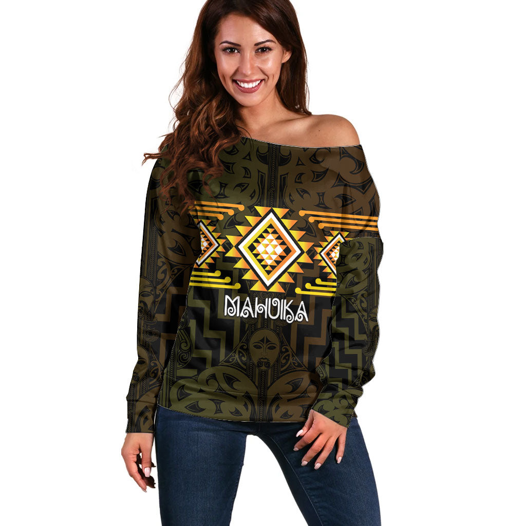 Aotearoa Atua Mahuika Personalised Off Shoulder Sweater Maori Goddess Of Fire Taniko Motifs LT14 Women Yellow - Polynesian Pride