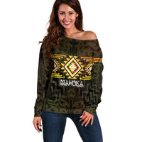 Aotearoa Atua Mahuika Personalised Off Shoulder Sweater Maori Goddess Of Fire Taniko Motifs LT14 Women Yellow - Polynesian Pride