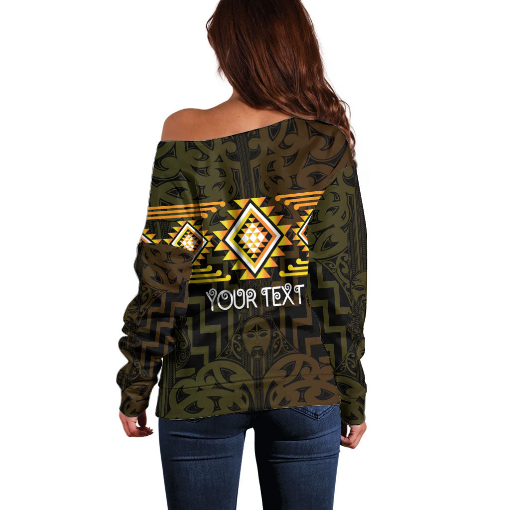 Aotearoa Atua Mahuika Personalised Off Shoulder Sweater Maori Goddess Of Fire Taniko Motifs LT14 - Polynesian Pride