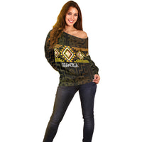 Aotearoa Atua Mahuika Personalised Off Shoulder Sweater Maori Goddess Of Fire Taniko Motifs LT14 - Polynesian Pride