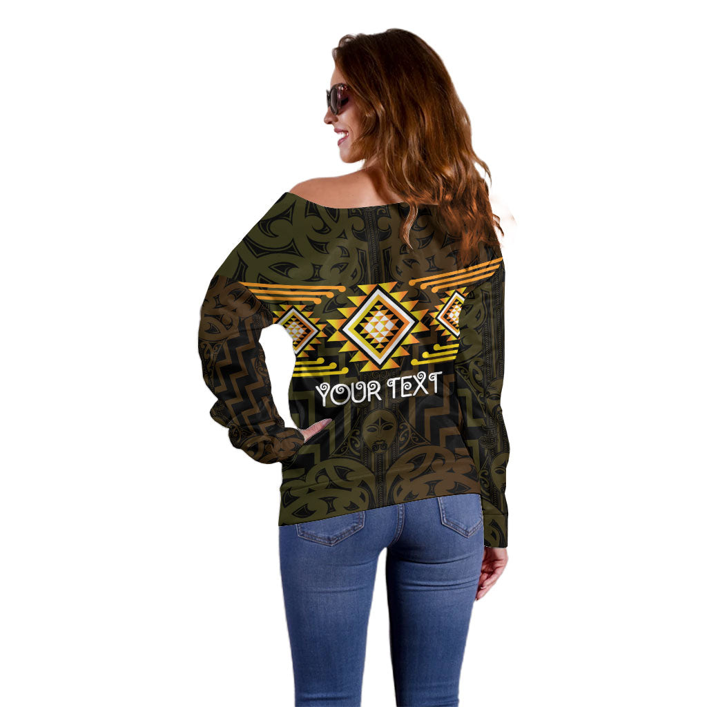 Aotearoa Atua Mahuika Personalised Off Shoulder Sweater Maori Goddess Of Fire Taniko Motifs LT14 - Polynesian Pride