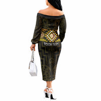 Aotearoa Atua Mahuika Personalised Off The Shoulder Long Sleeve Dress Maori Goddess Of Fire Taniko Motifs LT14 - Polynesian Pride