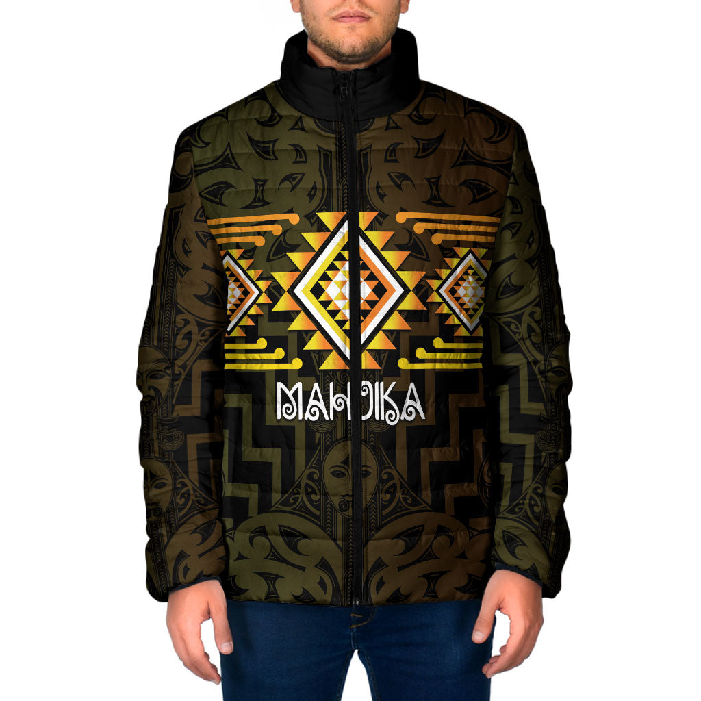 Aotearoa Atua Mahuika Personalised Padded Jacket Maori Goddess Of Fire Taniko Motifs LT14 Men Yellow - Polynesian Pride