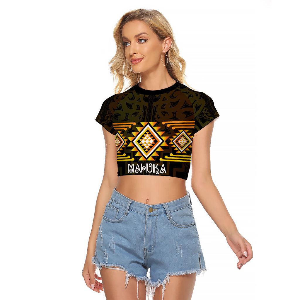 Aotearoa Atua Mahuika Personalised Raglan Cropped T Shirt Maori Goddess Of Fire Taniko Motifs LT14 Female Yellow - Polynesian Pride
