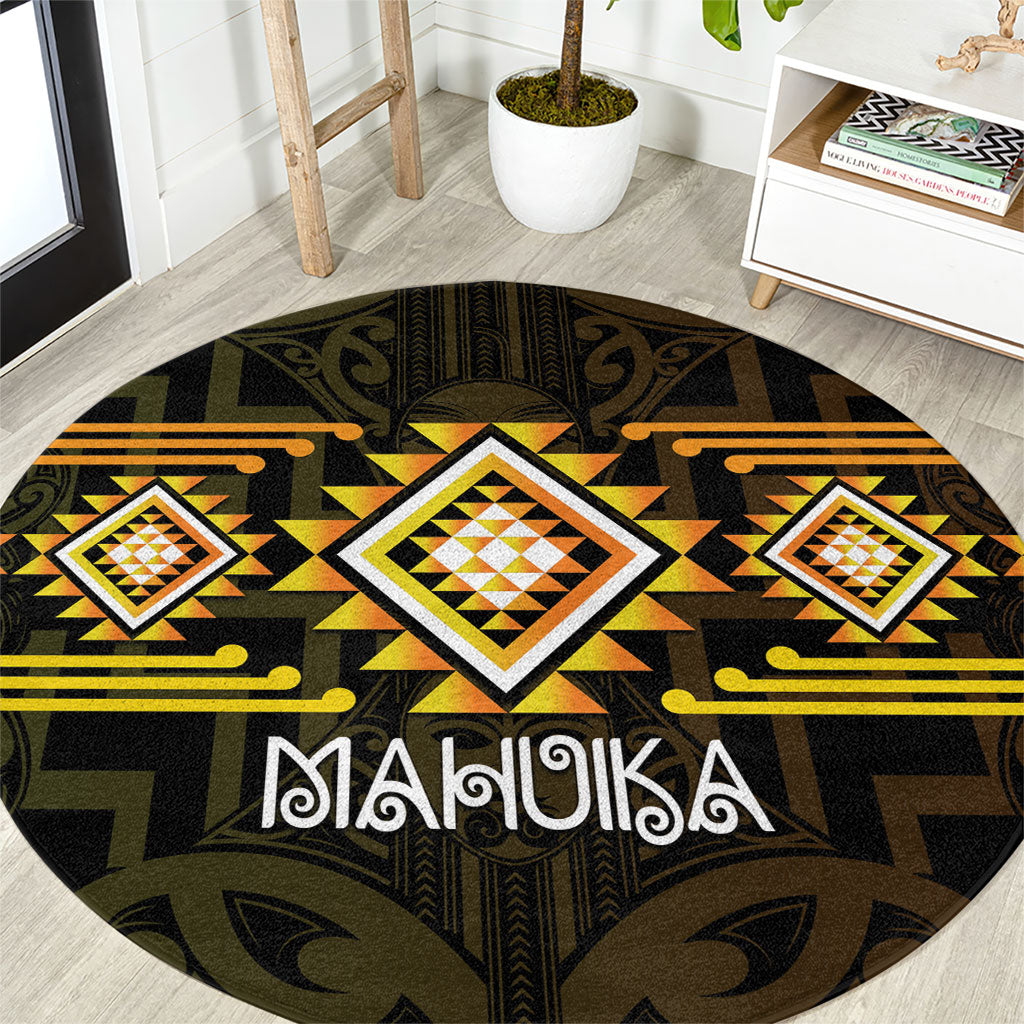 Aotearoa Atua Mahuika Round Carpet Maori Goddess Of Fire Taniko Motifs LT14 Yellow - Polynesian Pride