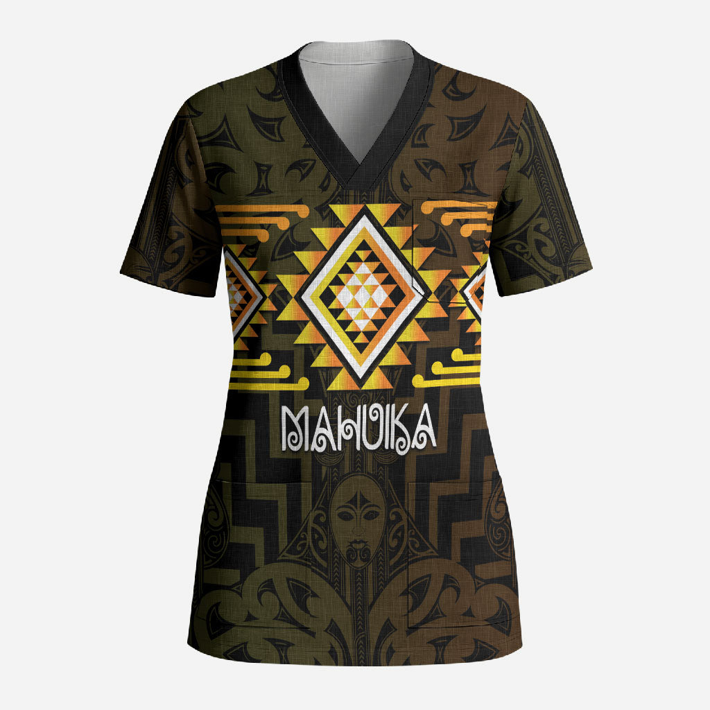 Aotearoa Atua Mahuika Personalised Scrub Top Maori Goddess Of Fire Taniko Motifs LT14 Adult Yellow - Polynesian Pride