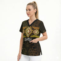 Aotearoa Atua Mahuika Personalised Scrub Top Maori Goddess Of Fire Taniko Motifs LT14 - Polynesian Pride