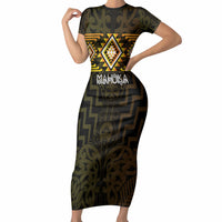 Aotearoa Atua Mahuika Personalised Short Sleeve Bodycon Dress Maori Goddess Of Fire Taniko Motifs LT14 Long Dress Yellow - Polynesian Pride
