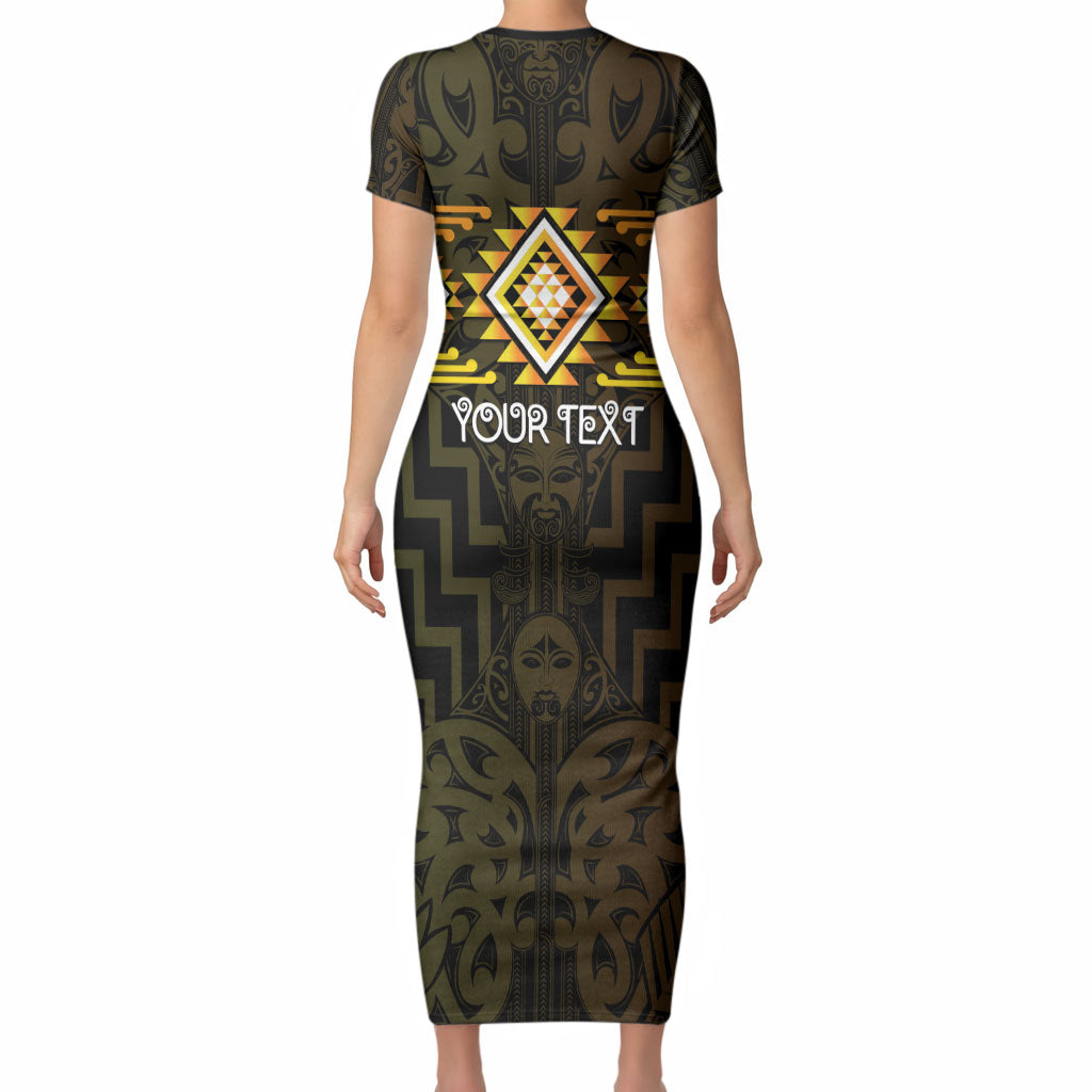 Aotearoa Atua Mahuika Personalised Short Sleeve Bodycon Dress Maori Goddess Of Fire Taniko Motifs LT14 - Polynesian Pride