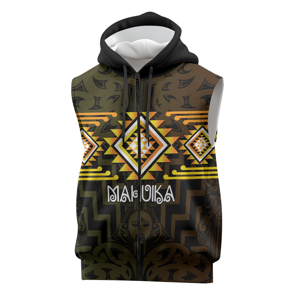 Aotearoa Atua Mahuika Personalised Sleeveless Zip Hoodie Maori Goddess Of Fire Taniko Motifs LT14 Yellow - Polynesian Pride