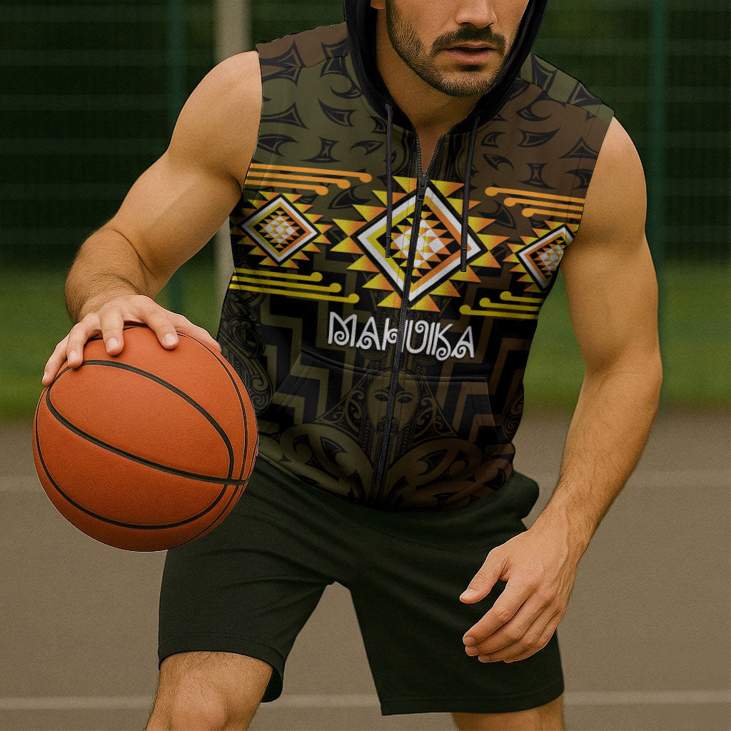 Aotearoa Atua Mahuika Personalised Sleeveless Zip Hoodie Maori Goddess Of Fire Taniko Motifs LT14 - Polynesian Pride