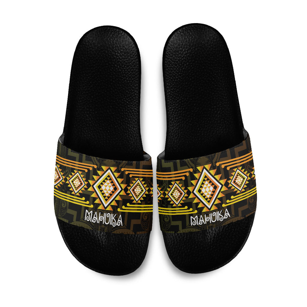 Aotearoa Atua Mahuika Slide Sandals Maori Goddess Of Fire Taniko Motifs LT14 Yellow - Polynesian Pride