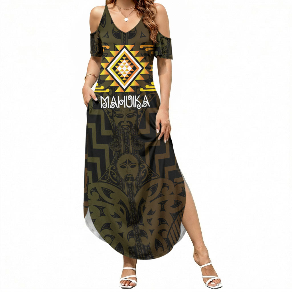 Aotearoa Atua Mahuika Personalised Summer Maxi Dress Maori Goddess Of Fire Taniko Motifs LT14 Women Yellow - Polynesian Pride