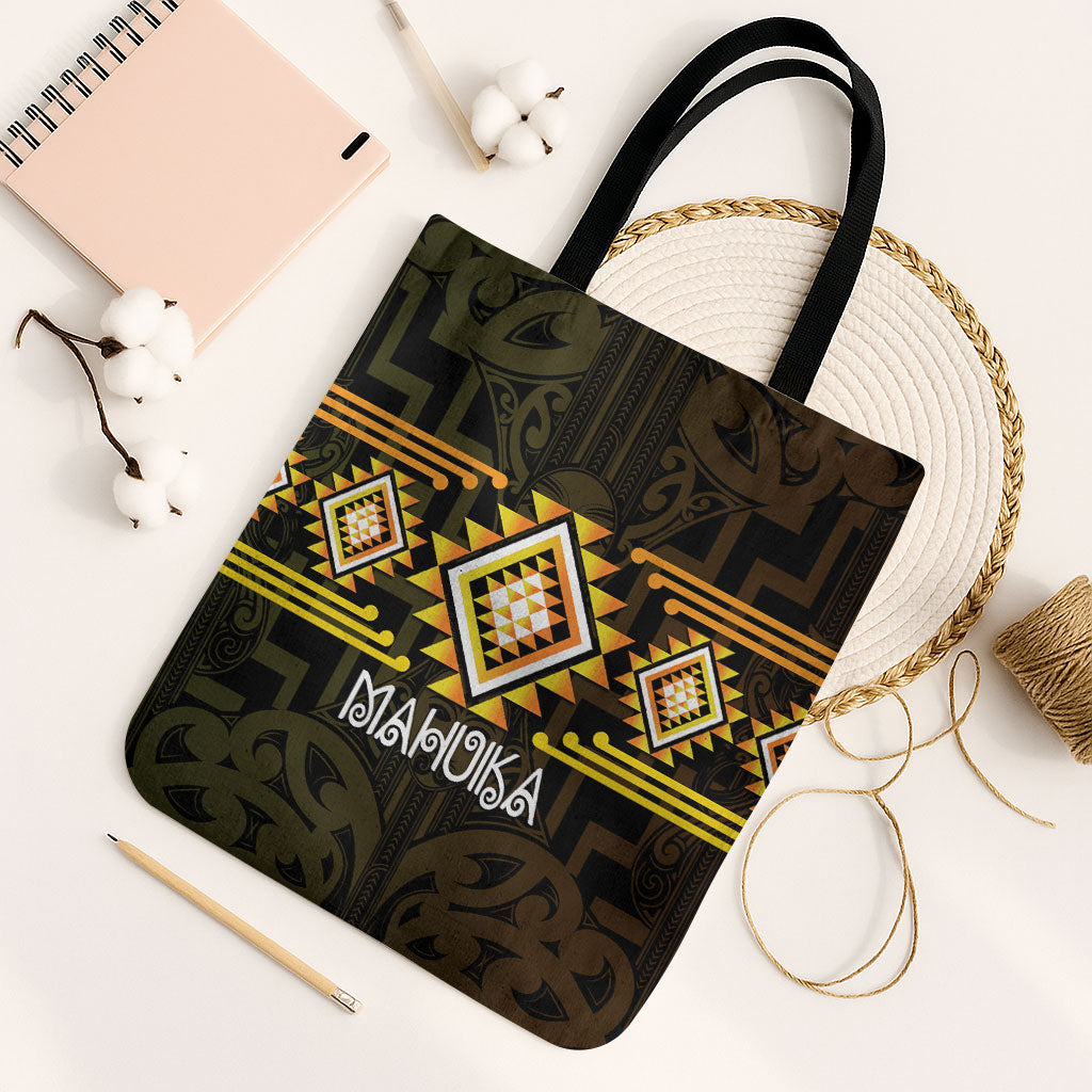 Aotearoa Atua Mahuika Tote Bag Maori Goddess Of Fire Taniko Motifs LT14 Black Strap One Size Yellow - Polynesian Pride