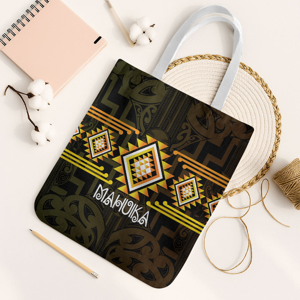 Aotearoa Atua Mahuika Tote Bag Maori Goddess Of Fire Taniko Motifs LT14 White Strap One Size Yellow - Polynesian Pride