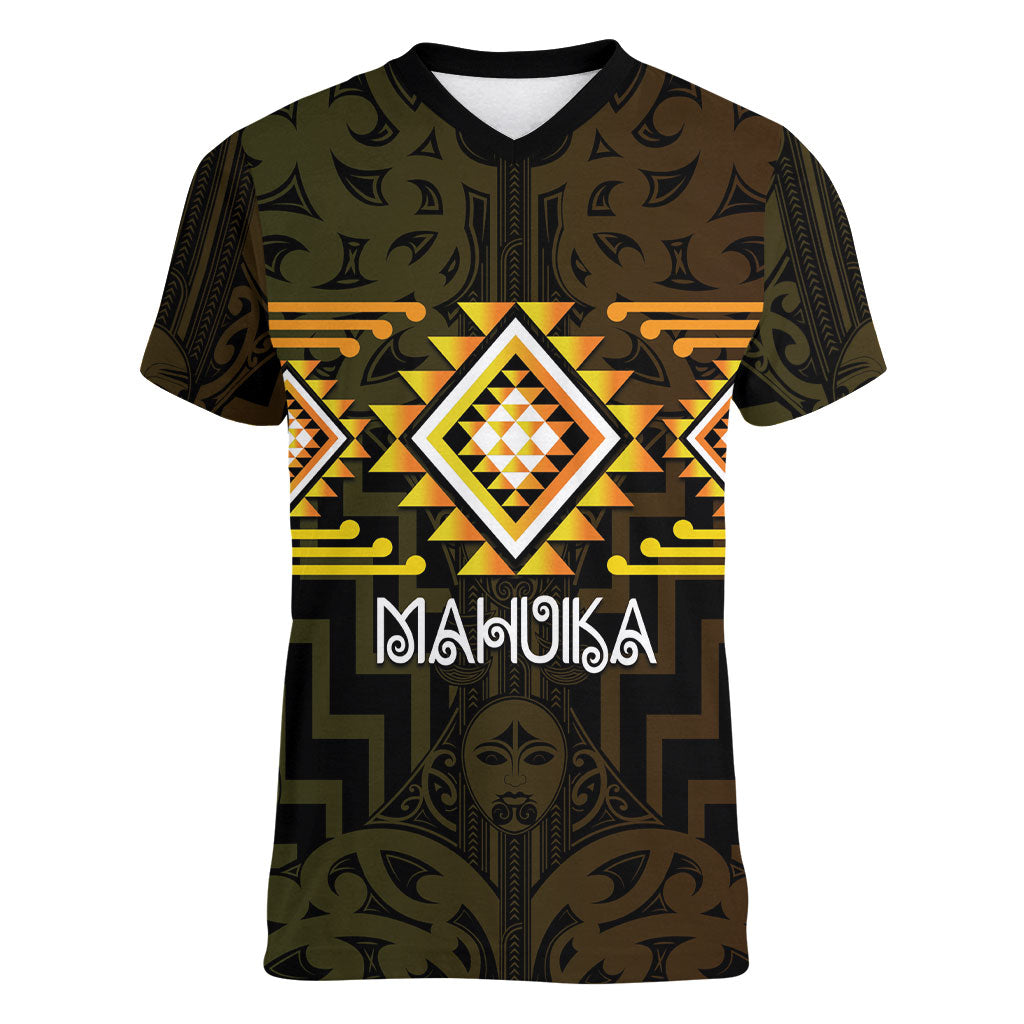 Aotearoa Atua Mahuika Personalised Women V-Neck T-Shirt Maori Goddess Of Fire Taniko Motifs LT14 Female Yellow - Polynesian Pride