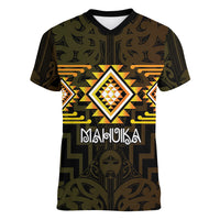 Aotearoa Atua Mahuika Personalised Women V-Neck T-Shirt Maori Goddess Of Fire Taniko Motifs LT14 Female Yellow - Polynesian Pride