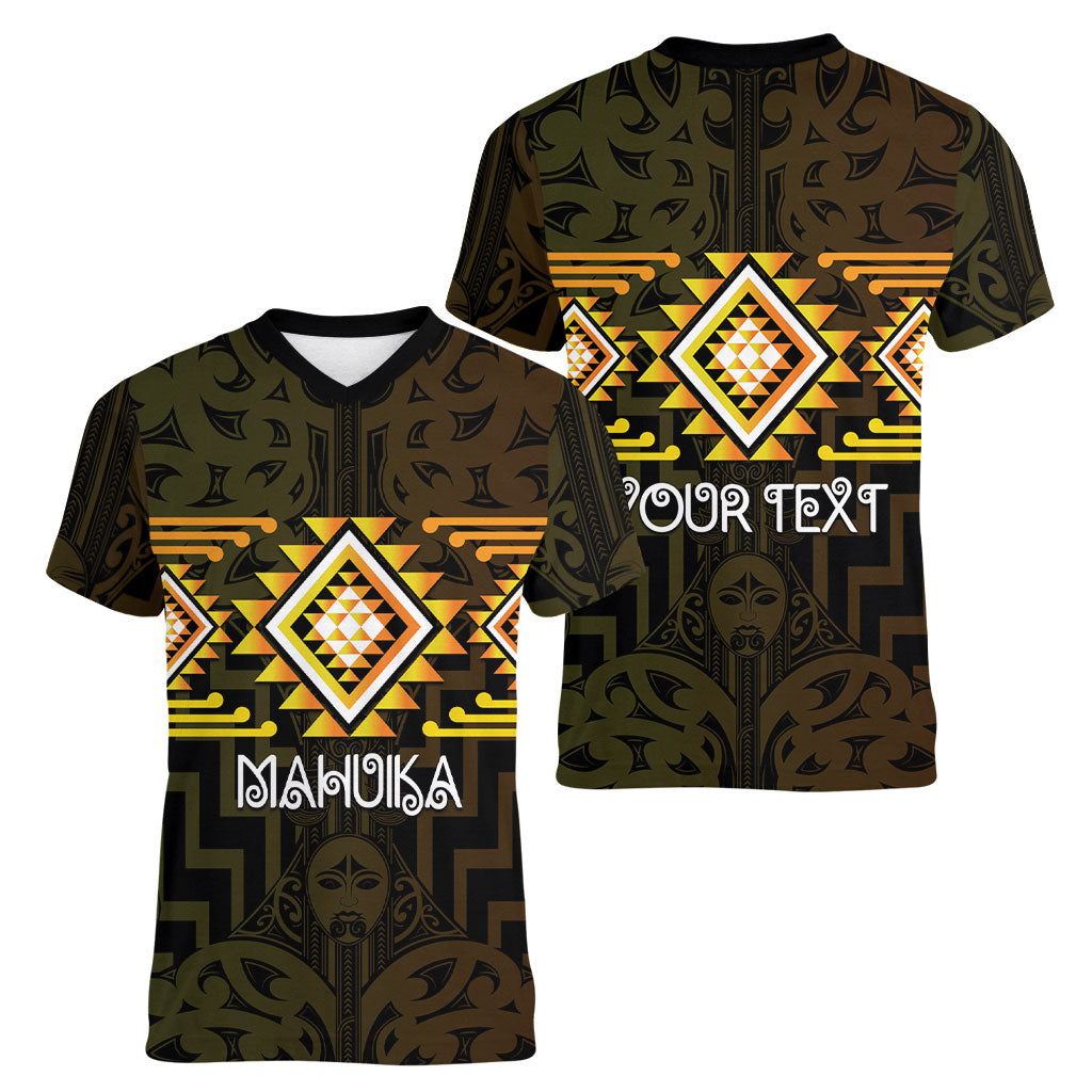 Aotearoa Atua Mahuika Personalised Women V-Neck T-Shirt Maori Goddess Of Fire Taniko Motifs LT14 - Polynesian Pride