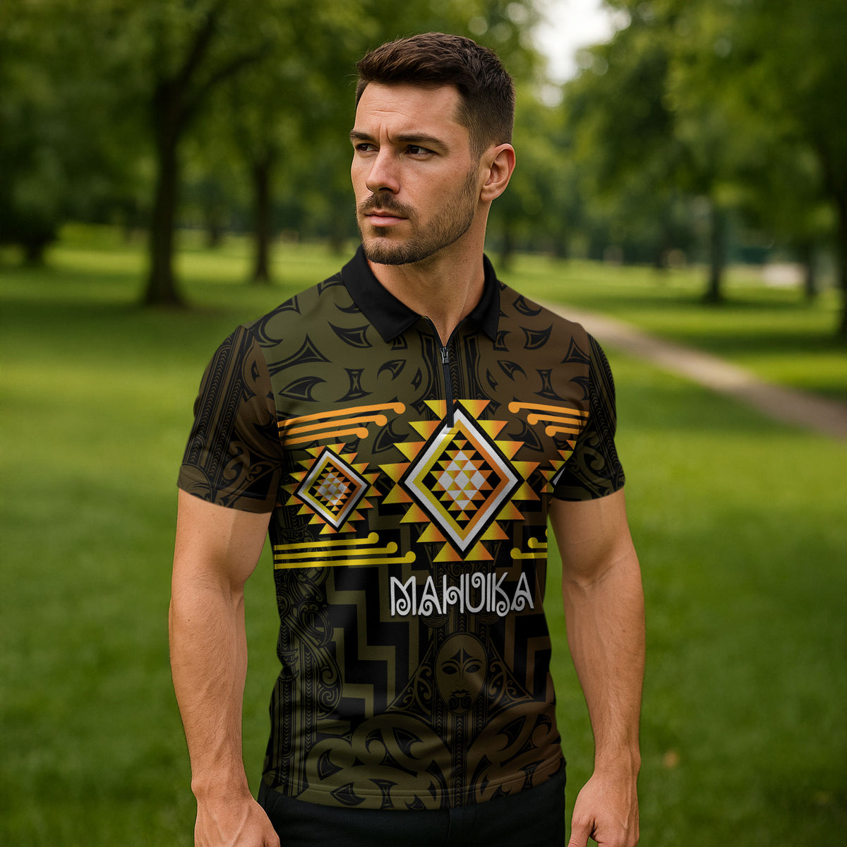 Aotearoa Atua Mahuika Personalised Zipper Polo Shirt Maori Goddess Of Fire Taniko Motifs LT14 - Polynesian Pride