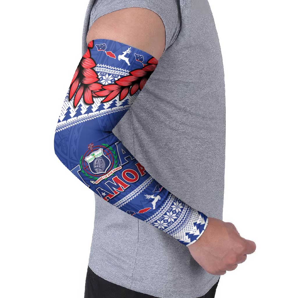 Personalised Toa Samoa Rugby Christmas Arm Sleeves Ula Fala Samoan Pattern Blue - Polynesian Pride