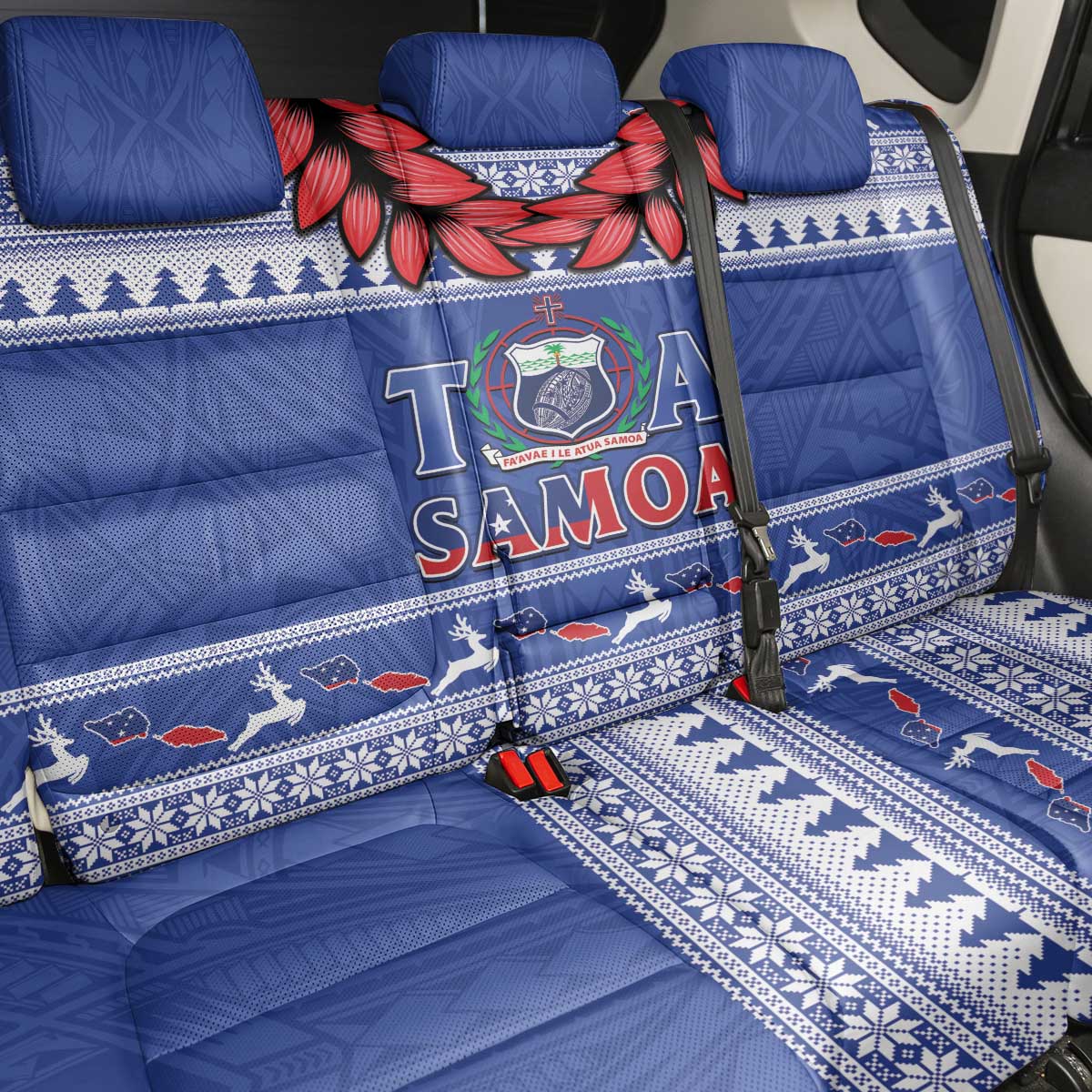 Toa Samoa Rugby Christmas Back Car Seat Cover Ula Fala Samoan Pattern Blue - Polynesian Pride