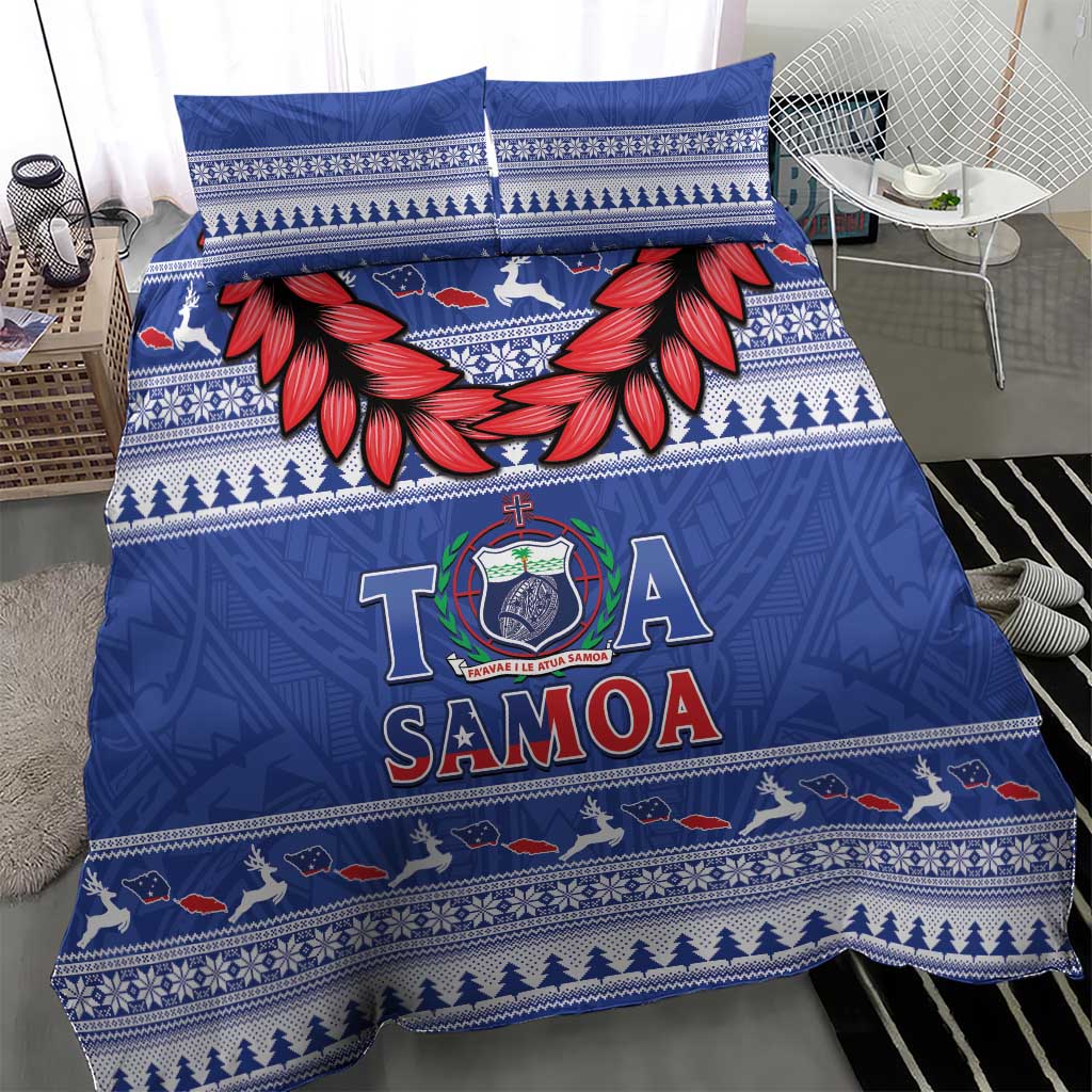 Toa Samoa Rugby Christmas Bedding Set Ula Fala Samoan Pattern Blue - Polynesian Pride