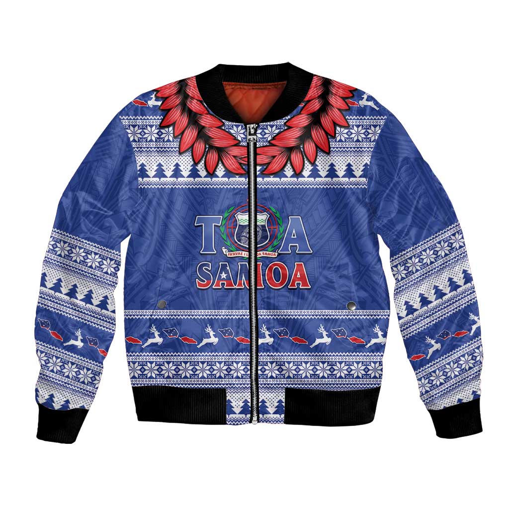 Personalised Toa Samoa Rugby Christmas Bomber Jacket Ula Fala Samoan Pattern Blue - Polynesian Pride