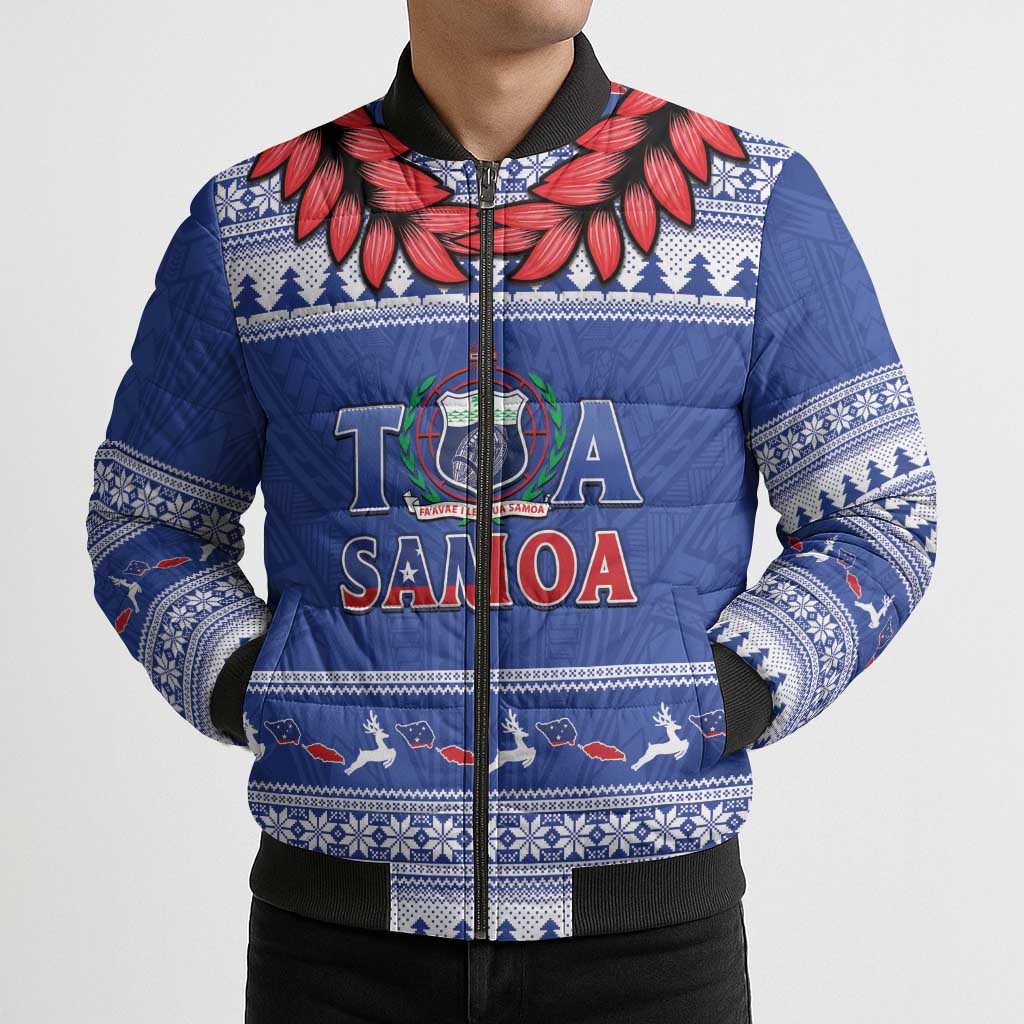 Personalised Toa Samoa Rugby Christmas Bomber Puffer Jacket Ula Fala Samoan Pattern Blue - Polynesian Pride