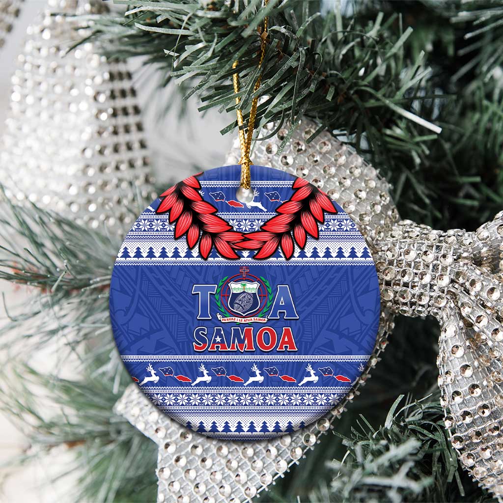 Toa Samoa Rugby Christmas Ceramic Ornament Ula Fala Samoan Pattern Blue - Polynesian Pride