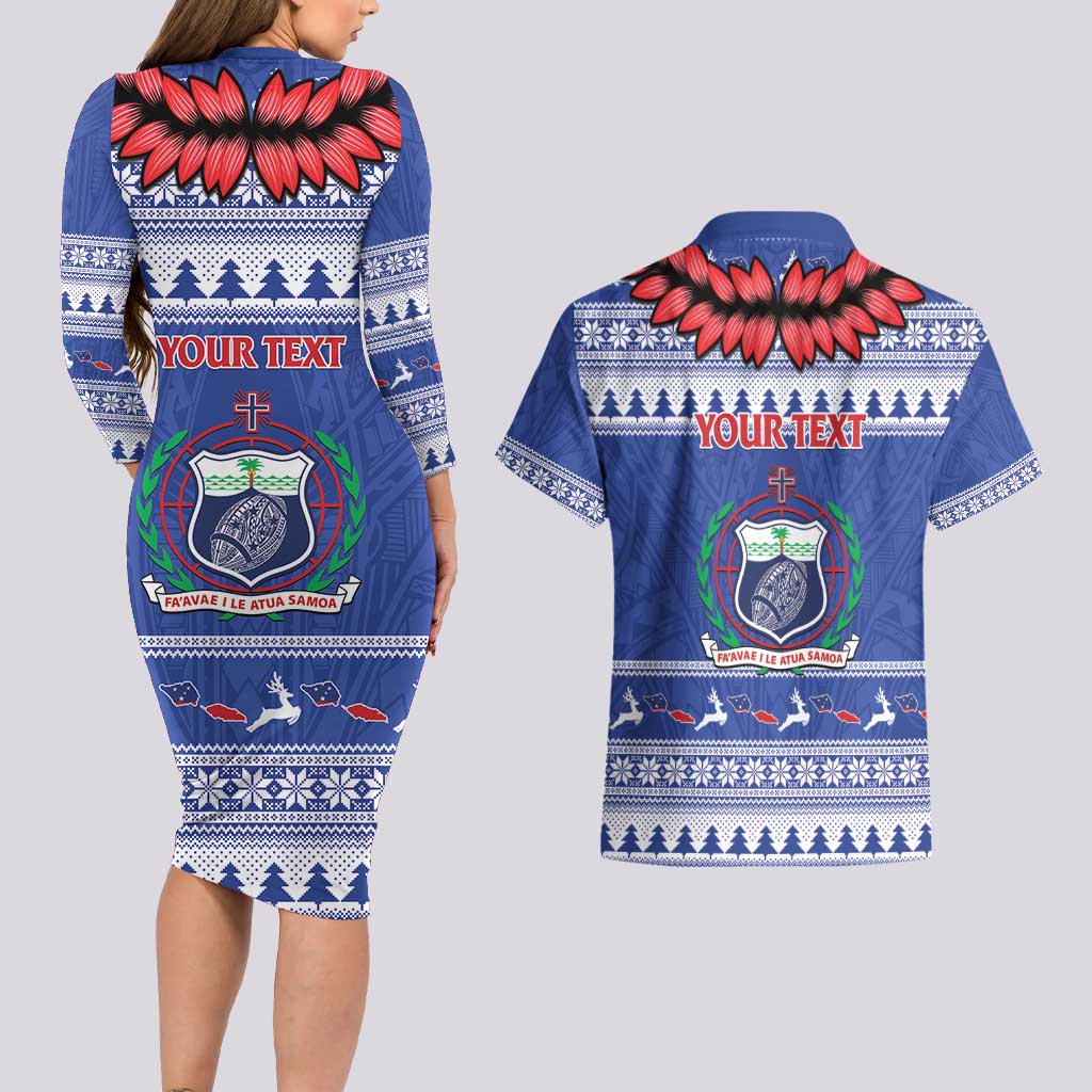 Personalised Toa Samoa Rugby Christmas Couples Matching Long Sleeve Bodycon Dress and Hawaiian Shirt Ula Fala Samoan Pattern Blue - Polynesian Pride
