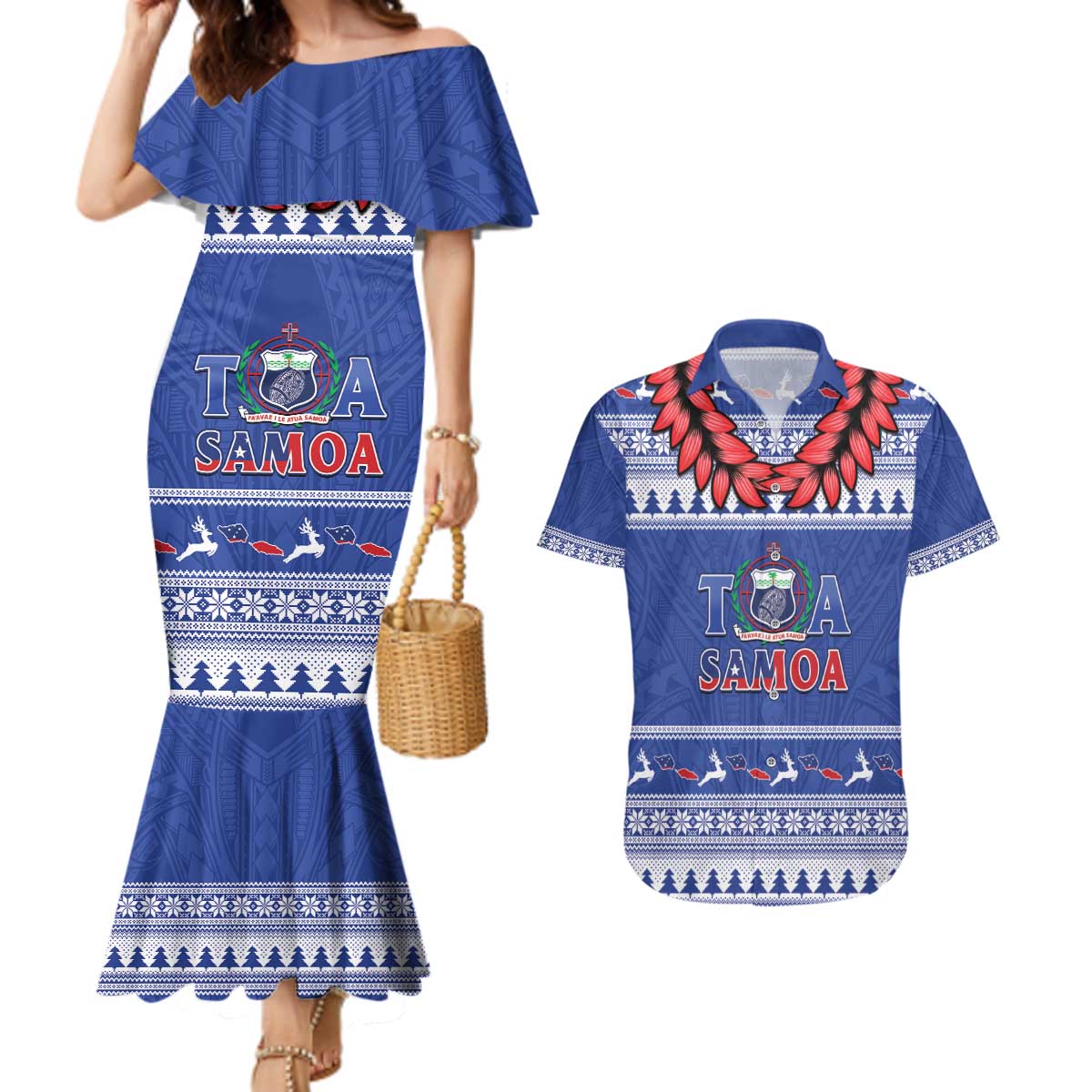Personalised Toa Samoa Rugby Christmas Couples Matching Mermaid Dress and Hawaiian Shirt Ula Fala Samoan Pattern Blue - Polynesian Pride