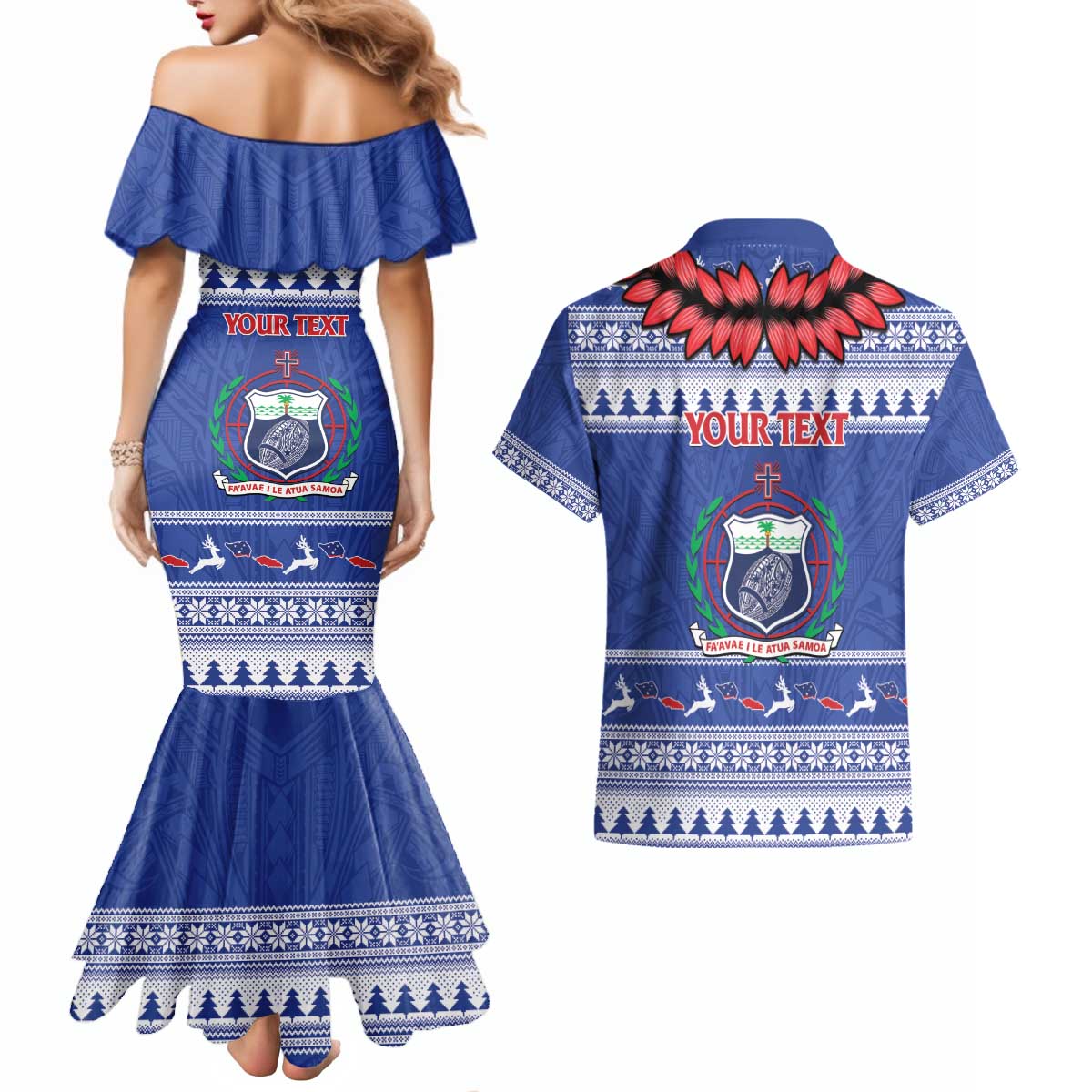 Personalised Toa Samoa Rugby Christmas Couples Matching Mermaid Dress and Hawaiian Shirt Ula Fala Samoan Pattern Blue - Polynesian Pride
