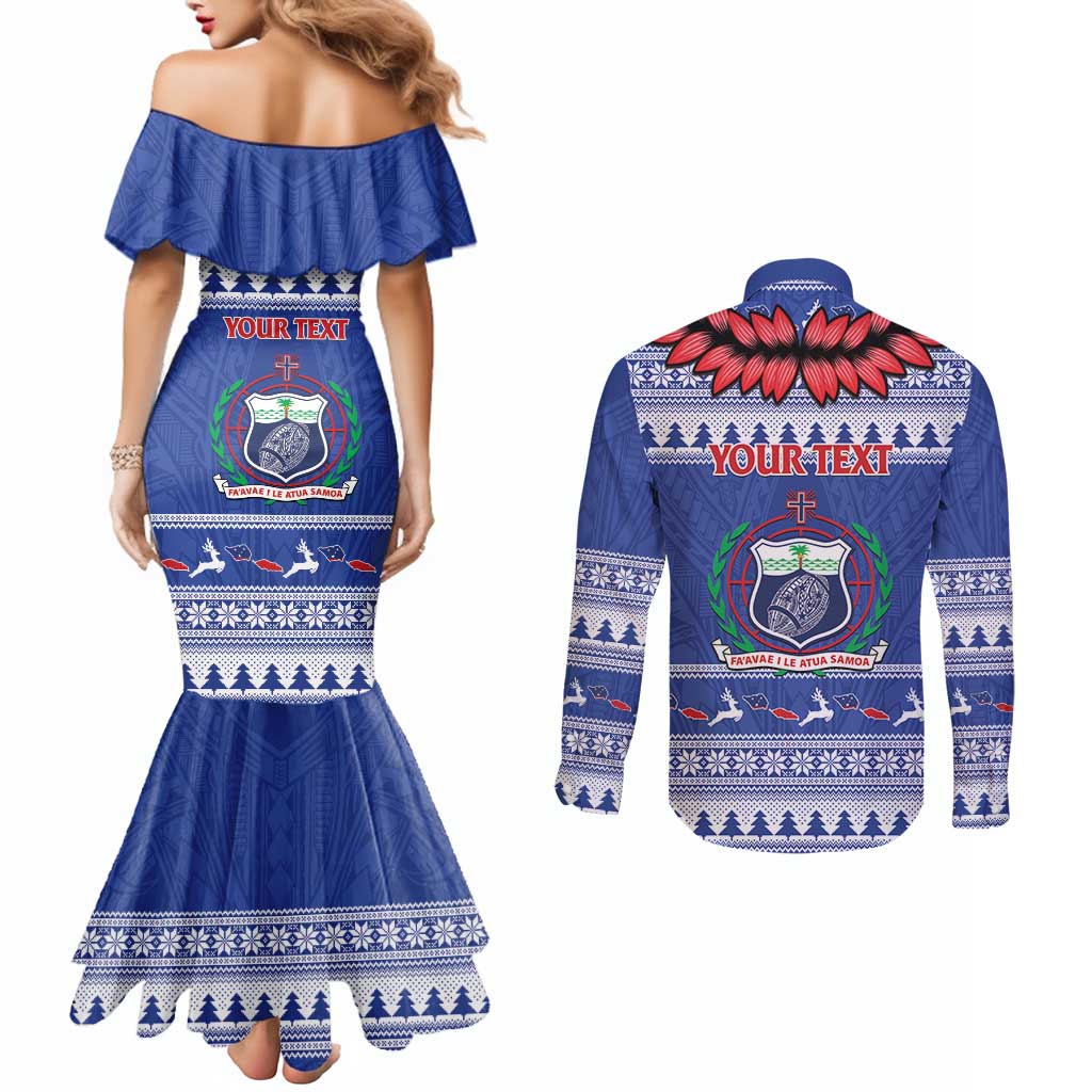 Personalised Toa Samoa Rugby Christmas Couples Matching Mermaid Dress and Long Sleeve Button Shirt Ula Fala Samoan Pattern Blue - Polynesian Pride