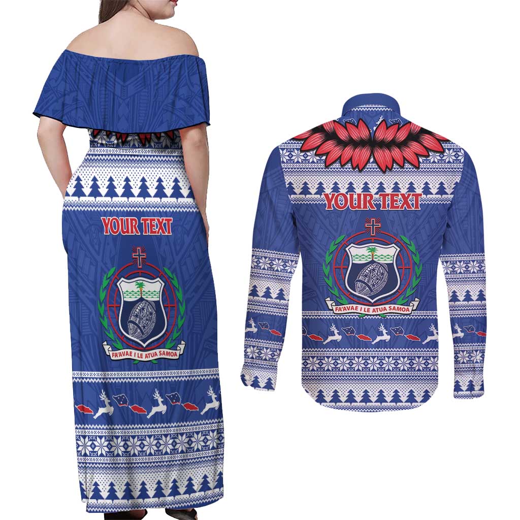 Personalised Toa Samoa Rugby Christmas Couples Matching Off Shoulder Maxi Dress and Long Sleeve Button Shirt Ula Fala Samoan Pattern Blue - Polynesian Pride