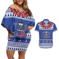 Personalised Toa Samoa Rugby Christmas Couples Matching Off Shoulder Short Dress and Hawaiian Shirt Ula Fala Samoan Pattern Blue - Polynesian Pride