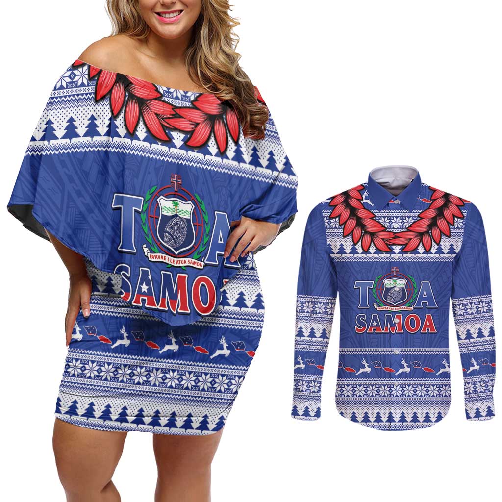 Personalised Toa Samoa Rugby Christmas Couples Matching Off Shoulder Short Dress and Long Sleeve Button Shirt Ula Fala Samoan Pattern Blue - Polynesian Pride
