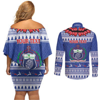 Personalised Toa Samoa Rugby Christmas Couples Matching Off Shoulder Short Dress and Long Sleeve Button Shirt Ula Fala Samoan Pattern Blue - Polynesian Pride