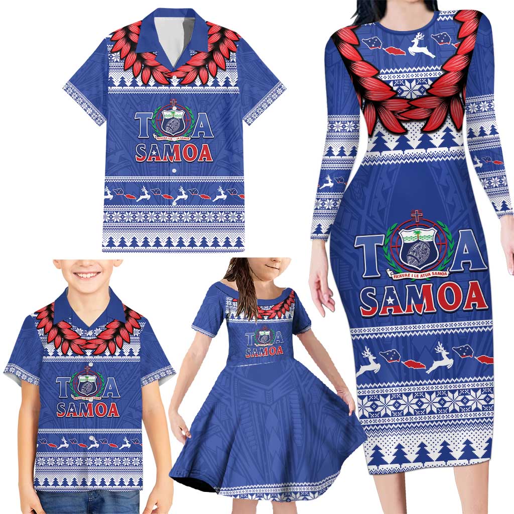 Personalised Toa Samoa Rugby Christmas Family Matching Long Sleeve Bodycon Dress and Hawaiian Shirt Ula Fala Samoan Pattern Blue - Polynesian Pride