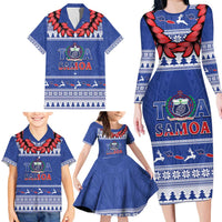 Personalised Toa Samoa Rugby Christmas Family Matching Long Sleeve Bodycon Dress and Hawaiian Shirt Ula Fala Samoan Pattern Blue - Polynesian Pride